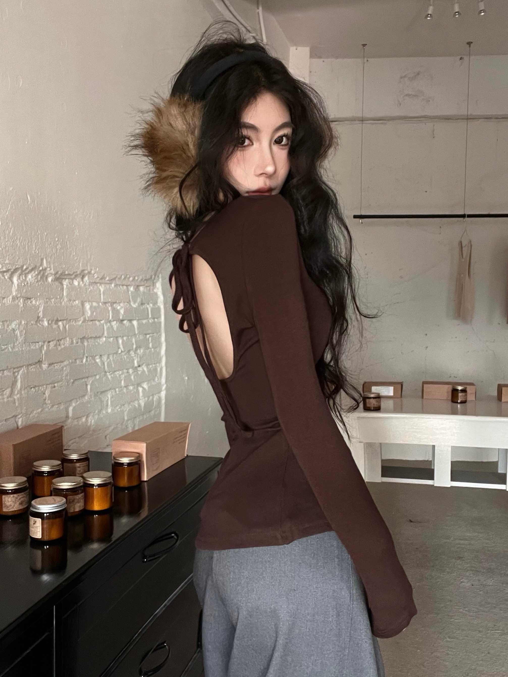 實拍 秋冬新款韓版純色性感露背顯瘦綁帶時尚打底衫