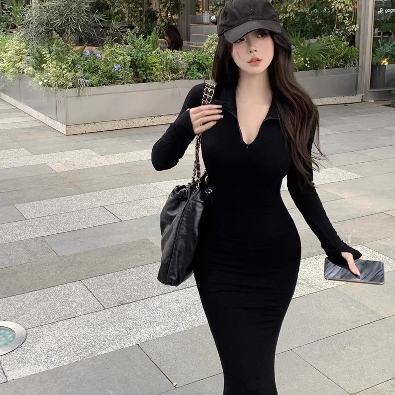純欲立領修身連衣裙早秋氣質長款魚尾裙女針織包臀裙2023新款長袖