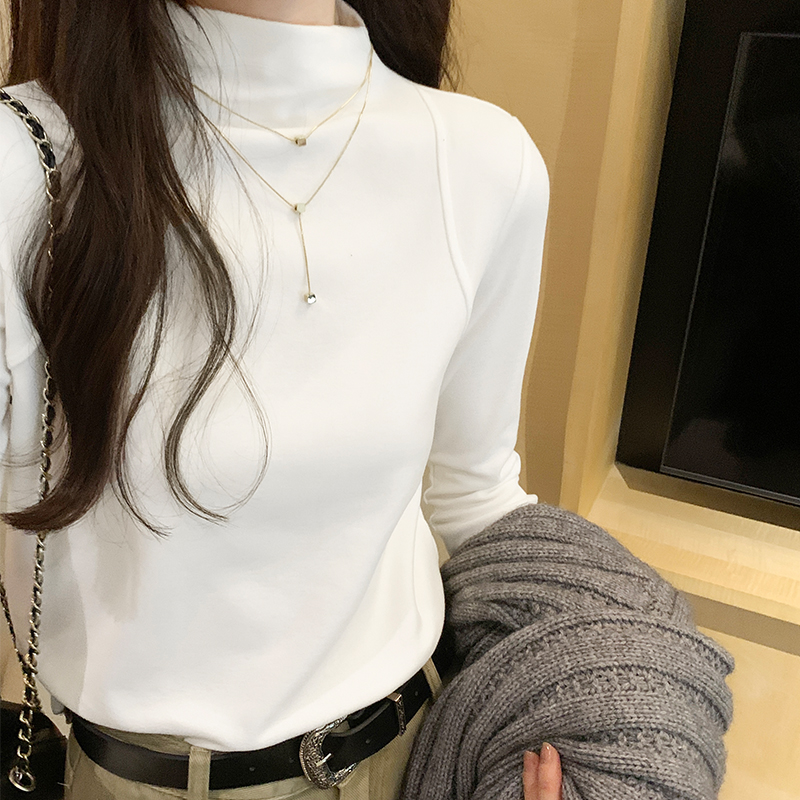 實拍圖半高領德絨內搭打底衫女秋冬2023新款純色長袖T恤百搭上衣