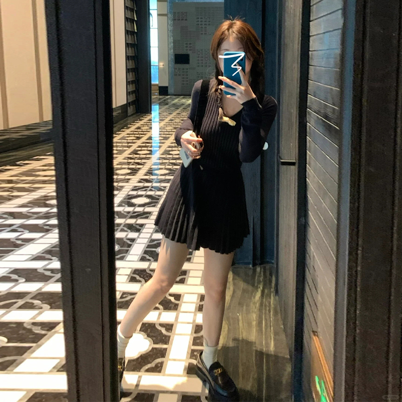 黑色連衣裙針織毛衣冬季裙子秋冬2023年新款氣質顯瘦女裝內搭打底