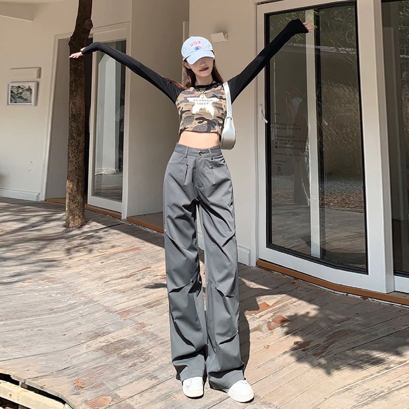 實拍~2024新款美式甜酷高腰直筒工裝褲女設計感顯瘦闊腿休閒褲ins