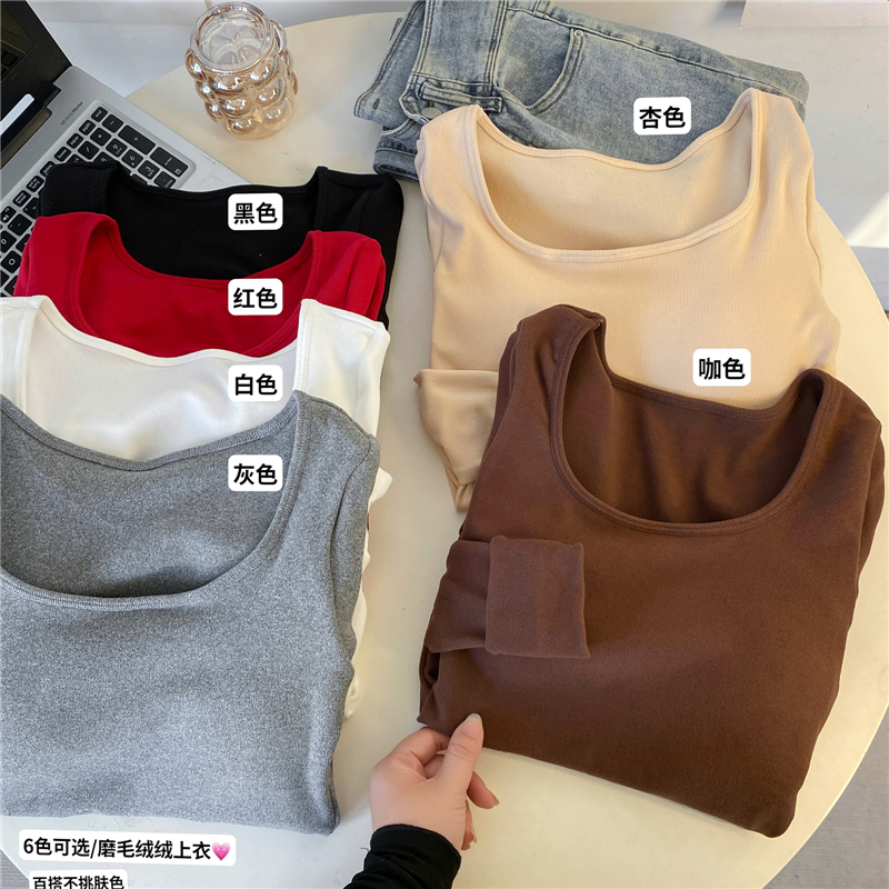 Real shot!  U-neck plus velvet thickened chest pad T-shirt women's slim long-sleeved bottoming shirt