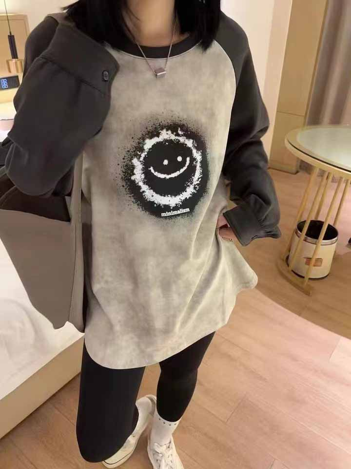秋冬韓版新款寬鬆拼色扎染笑臉字母圓領中長款長袖T恤百搭上衣女