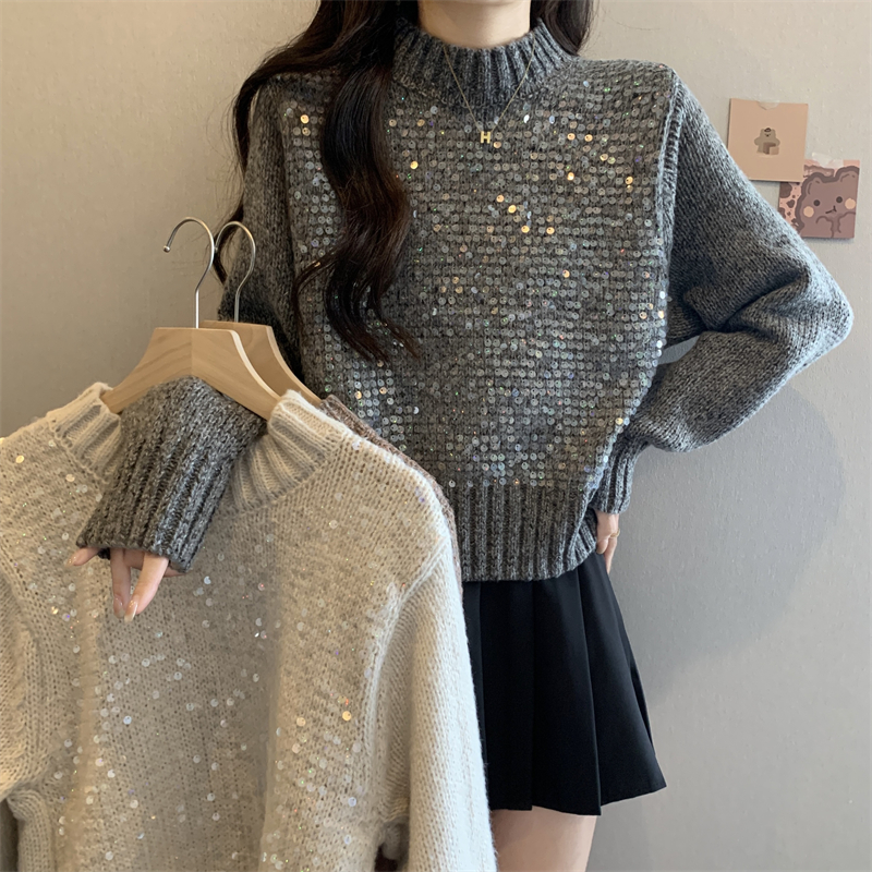 Actual shot of new French sequined sweater tops for women, lazy style, round neck, heavy industry, super nice short sweater