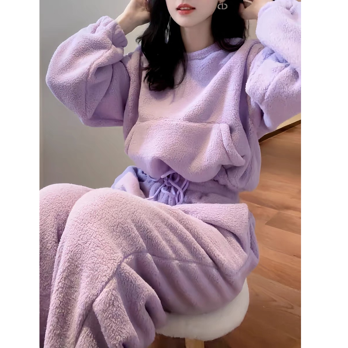 韓國東大門2023秋冬款奶杏色/香芋紫厚實保暖洋氣衛衣+休閒褲套裝