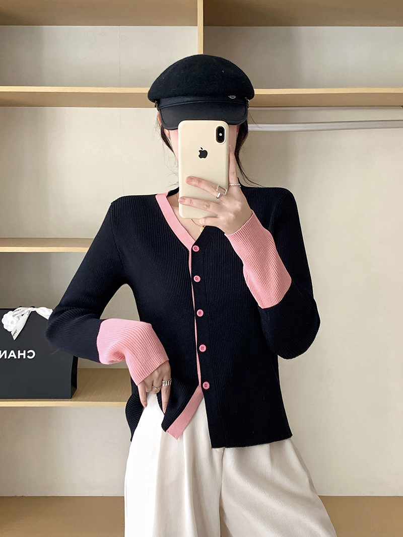 實拍冬裝新款胖mm大碼女假兩件撞色開衫毛衣女v領針織衫