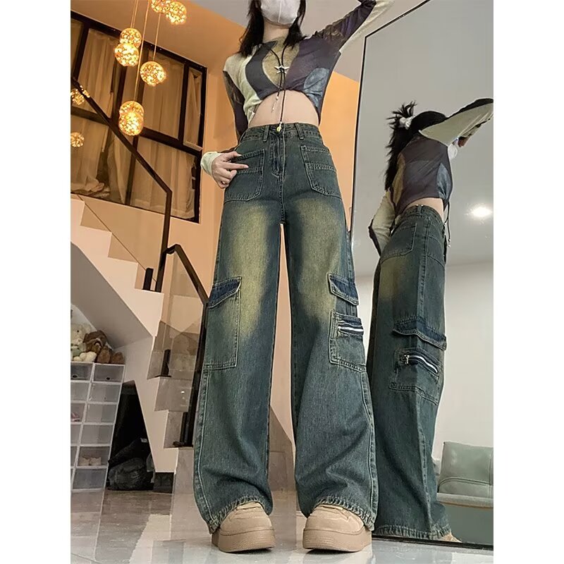 大碼美式高街工裝牛仔褲女秋冬胖mm寬鬆顯瘦高腰直筒闊腿拖地褲子