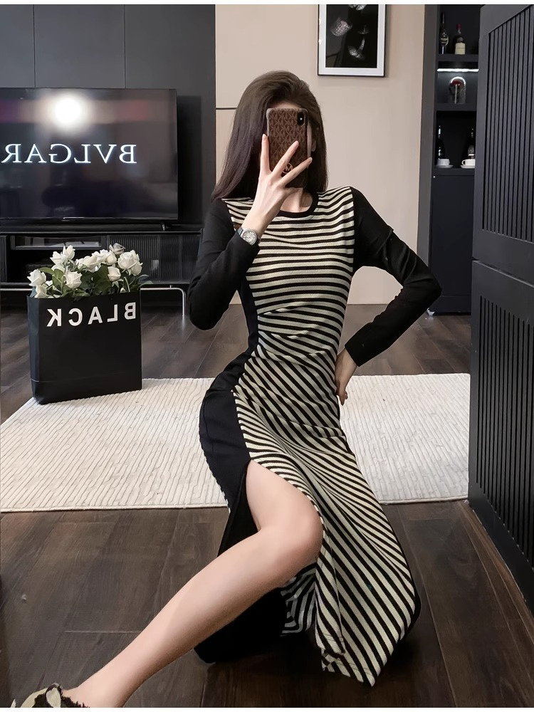 韓國chic春季設計感小眾簡約撞色條紋顯瘦修身洋氣包臀連衣裙女裝