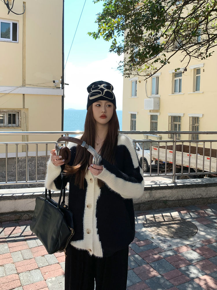 實拍 新款慵懶風撞色寬鬆v領針織毛衣開衫