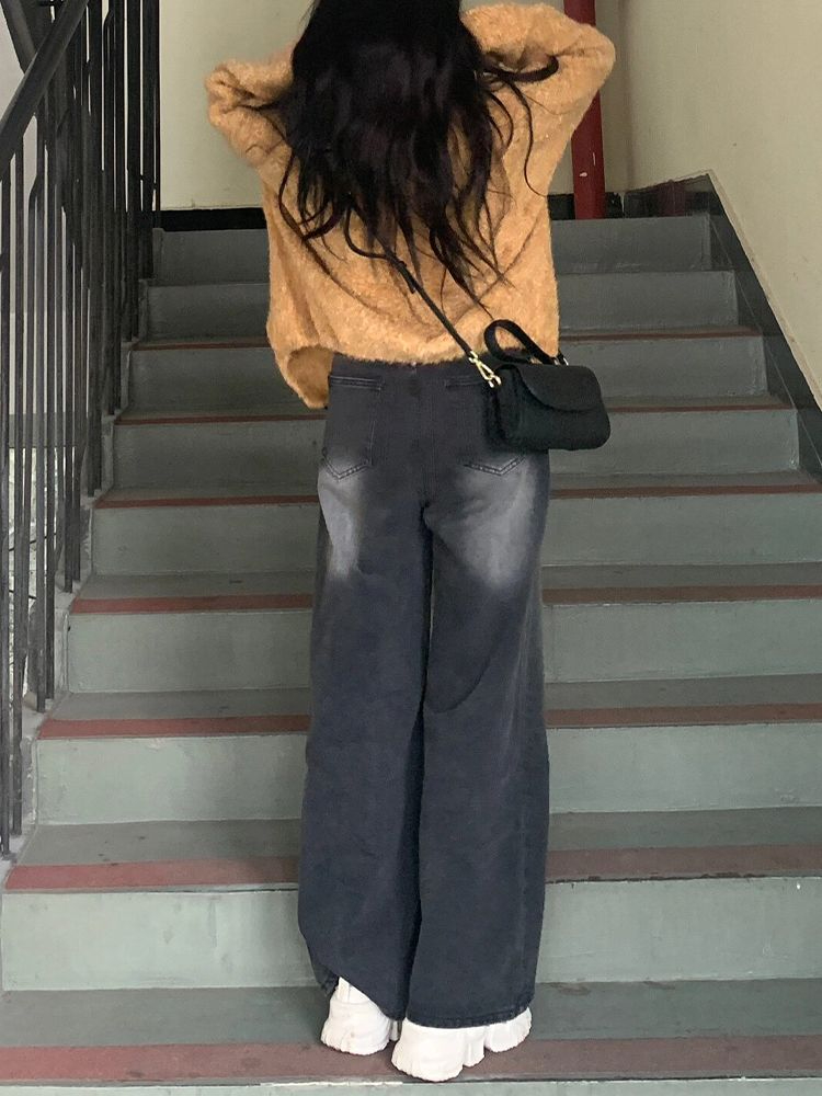 牛仔褲女復古黑灰色大闊腿冬季新款寬鬆遮肉顯瘦百搭直筒拖地褲子