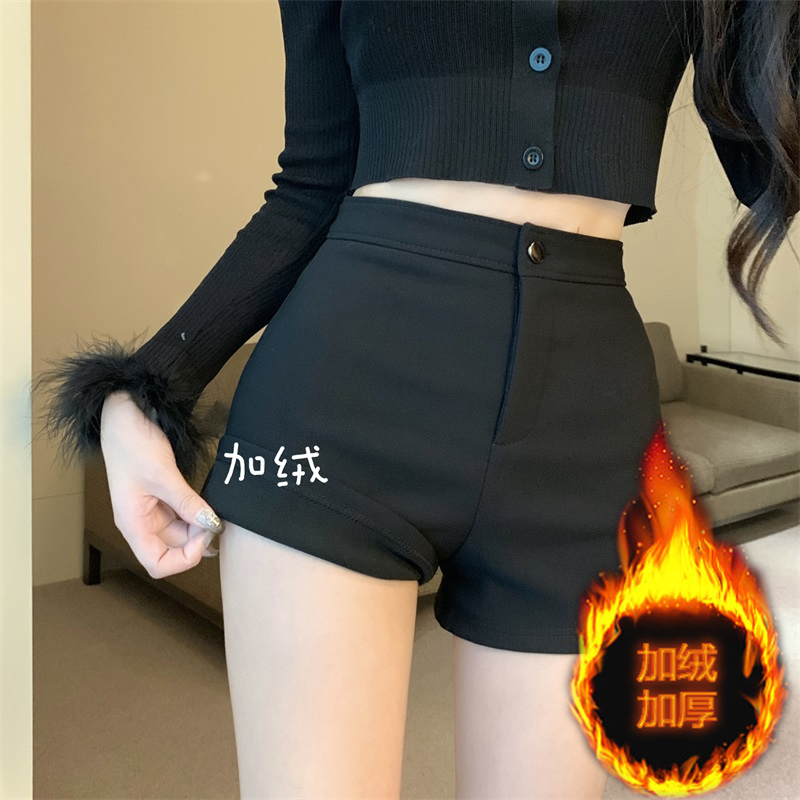 黑色加絨加厚休閒短褲女秋冬高腰彈力辣妹修身顯瘦a字褲性感熱褲