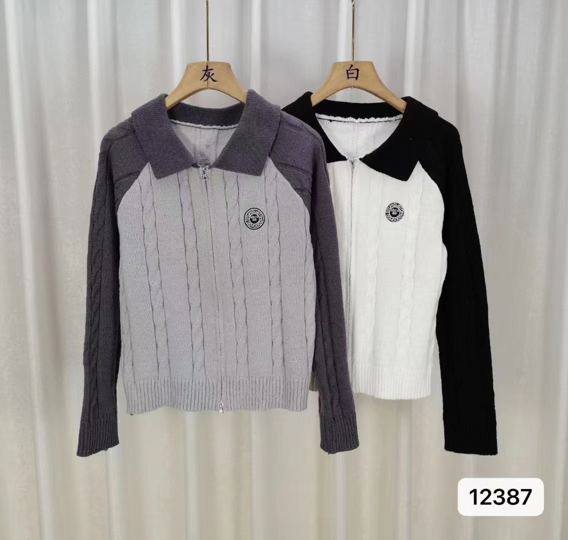 Women's Contrast Color POLO Collar Double-Zip Knitted Sweater Autumn and Winter for Fat Women Covering Belly and Slimming Twist Sweater Bottoming Shirt