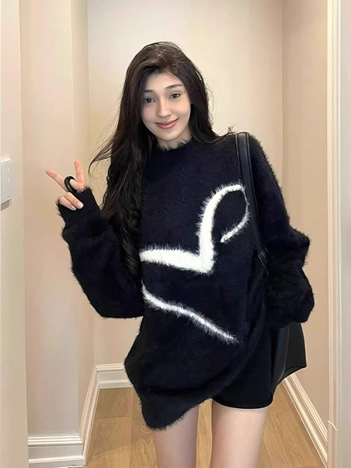 馬海毛黑色毛衣女秋冬2023新款美式慵懶風寬鬆軟糯套頭針織衫上衣