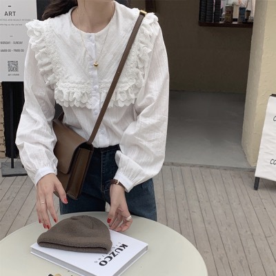實拍 復古減齡提花蕾絲拼接大翻領寬鬆襯衫
