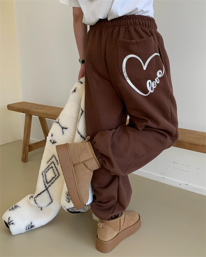 New style of velvet for autumn and winter ~ Korean ins versatile love pocket printed sweatpants plus velvet sweatpants, trousers and casual pants