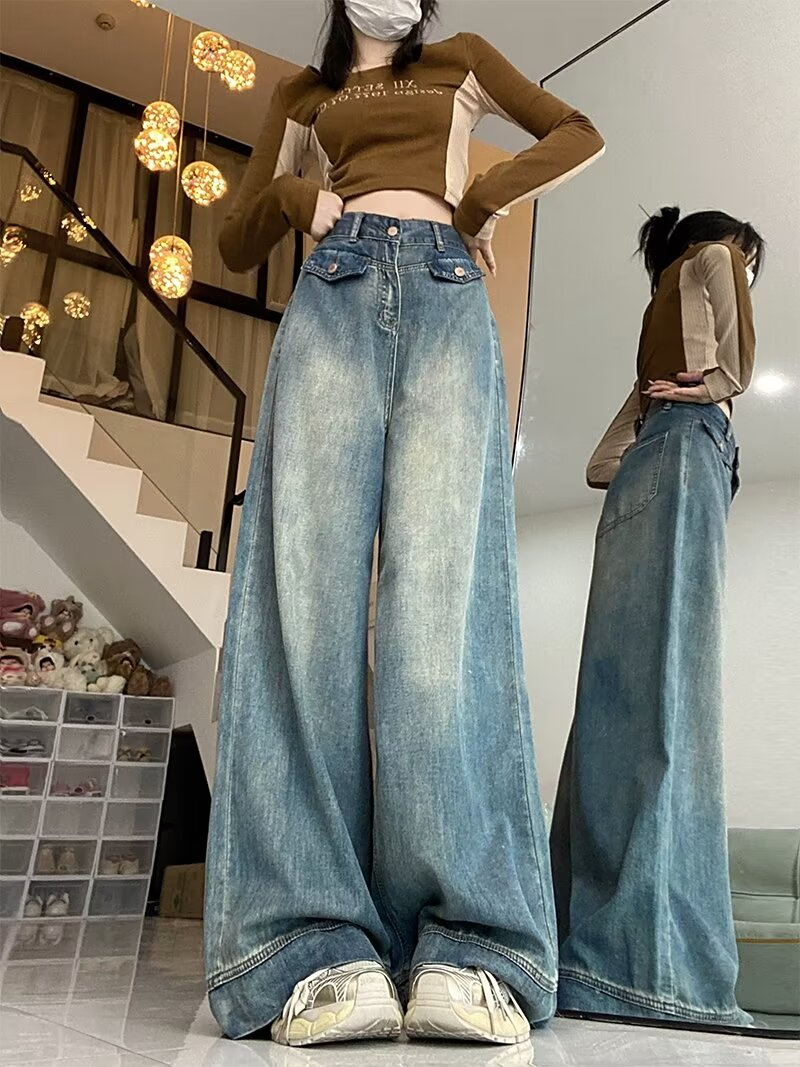 大碼復古直筒牛仔褲女春秋胖妹妹設計感高腰顯瘦寬鬆拖地闊腿褲子