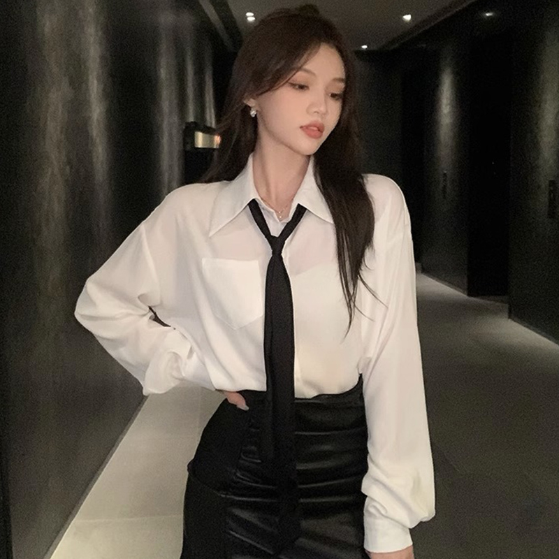 Official photo, light mature style royal tie shirt for women, early autumn white loose drape mid-length shirt top