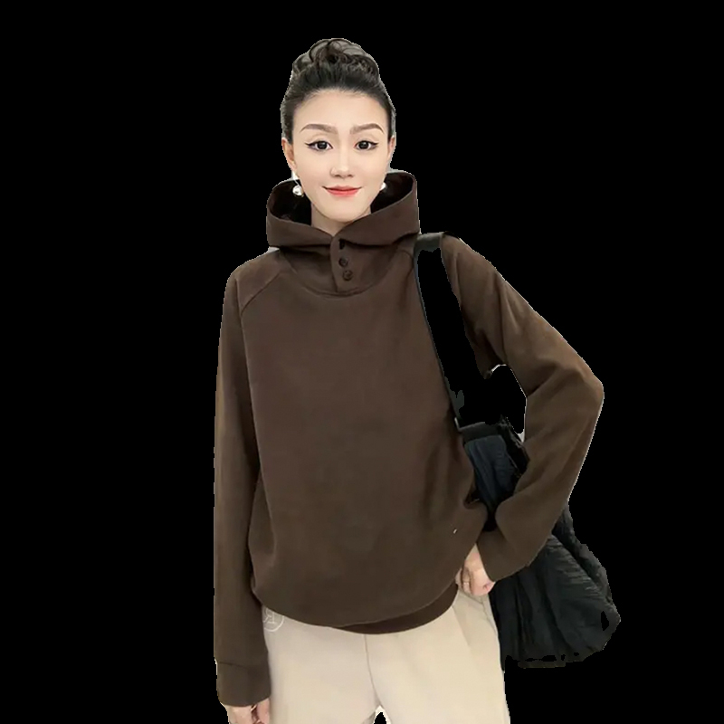 純色拼接套頭德絨連帽衛衣女帽衫秋冬新款顯瘦時尚百搭打底上衣潮