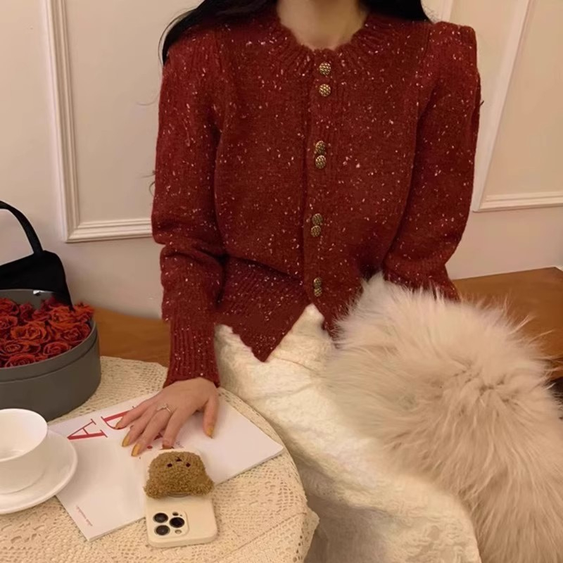 混色單排扣毛衣外穿女2023秋冬季時尚韓版新款圓領修身顯瘦上衣潮