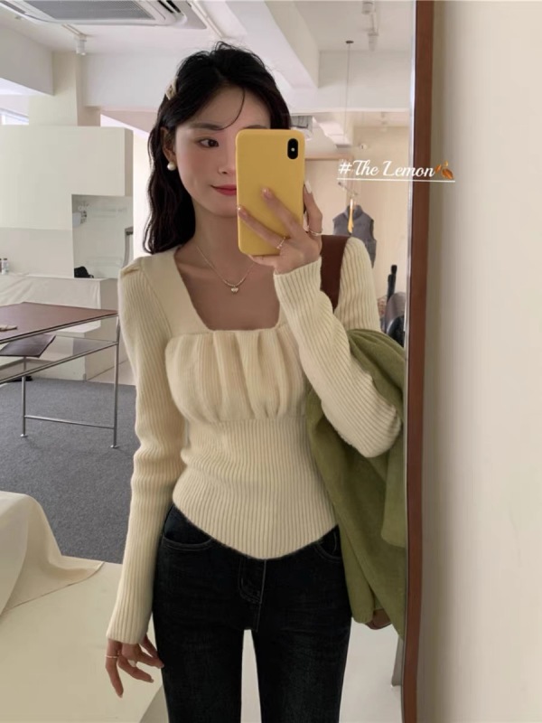 THE LEMON方領修身長袖針織衫女2023秋冬溫柔氣質短款內搭打底衫