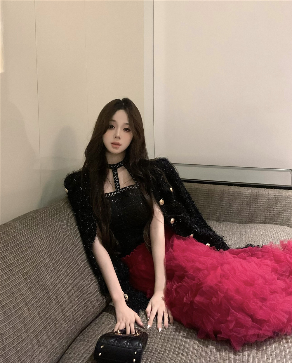 宮廷風名媛流蘇金扣外套女+高幹文女主大紅裙蛋糕網紗半裙套裝