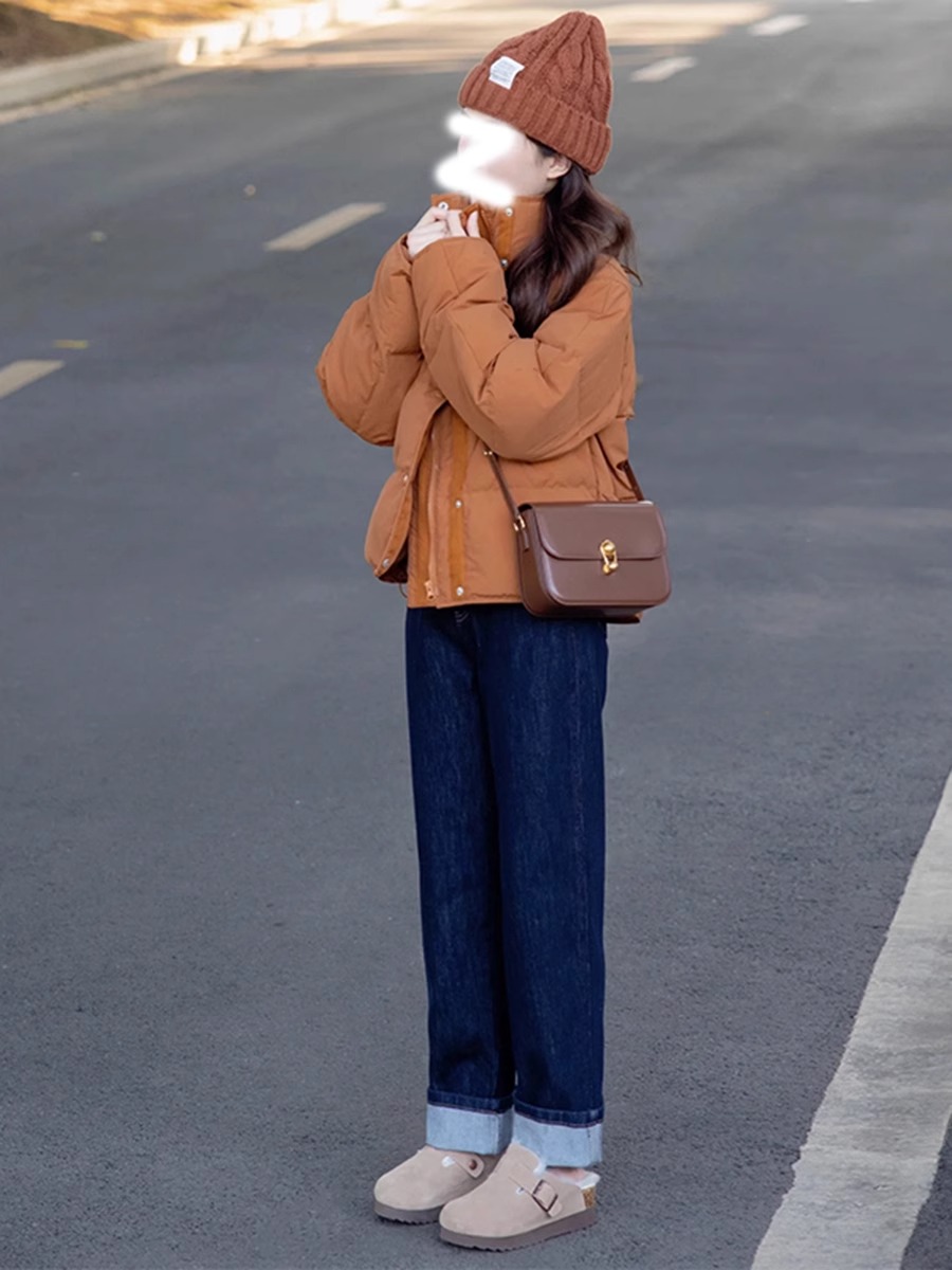 Small orange short stand collar cotton coat for women autumn and winter 2023 new Korean style outfit cotton coat and jacket