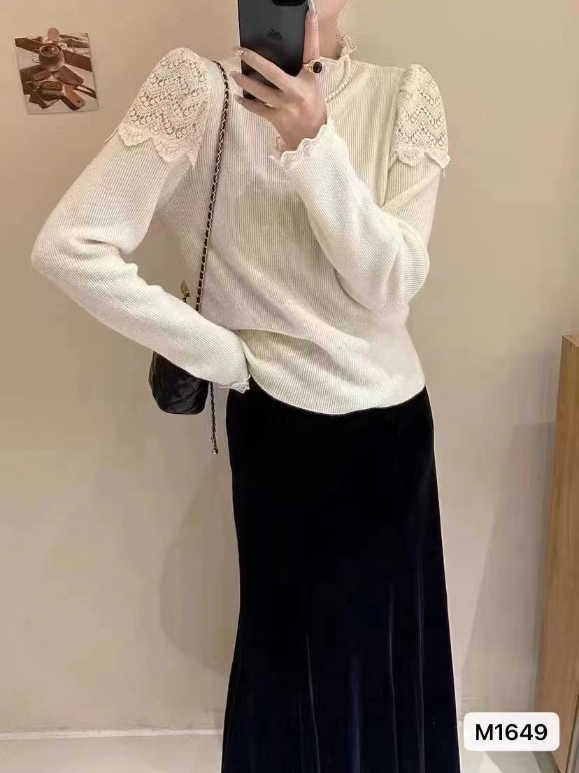 設計感蕾絲木耳邊拼接半高領長袖針織衫女2023秋冬新款打底衫毛衣