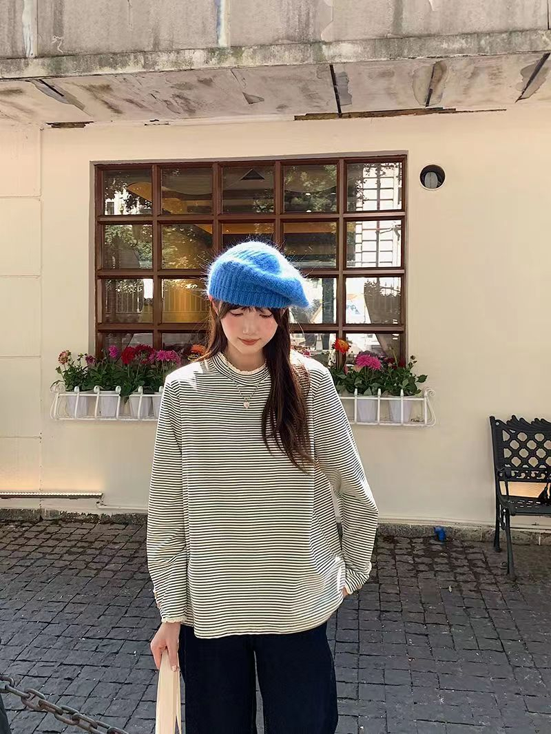 官圖 德絨 打底衫甜美內搭蕾絲拼接T恤女上衣秋冬2023新款設計感