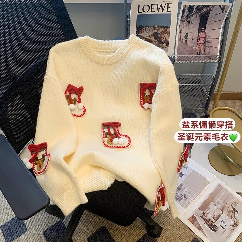Sheep wool quality Korean style soft and waxy modern age-reducing lazy style round neck sweater for women