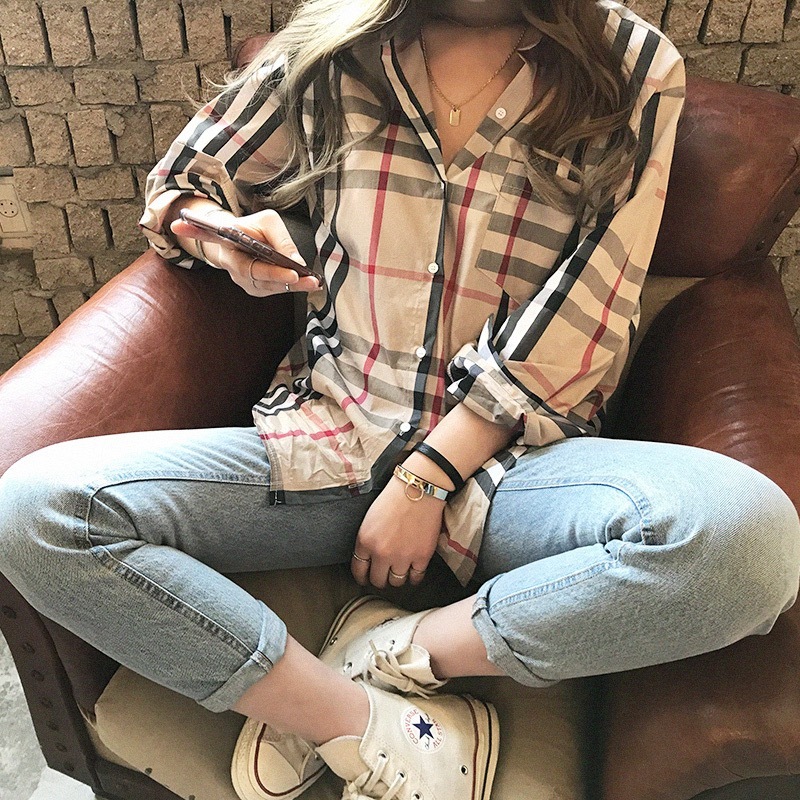 經典格子襯衫女2024春秋韓版寬鬆百搭復古港味長袖襯衣外套女