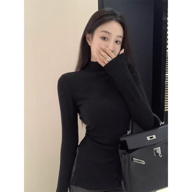 質量 半高領長袖打底衫女秋冬季內搭修身開叉別致上衣