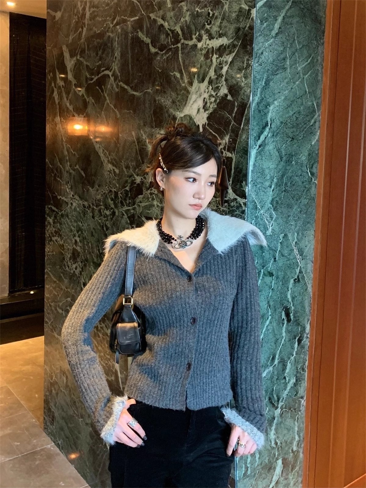 Seven Basics 毛衣外套女辣妹時髦翻領拼接修身親膚針織開衫上衣