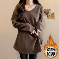 Women's Autumn/Winter V-neck Crew Neck T-shirt with Fleece Lining, Thick and Loose Inner Long-sleeved Top Covering Buttocks