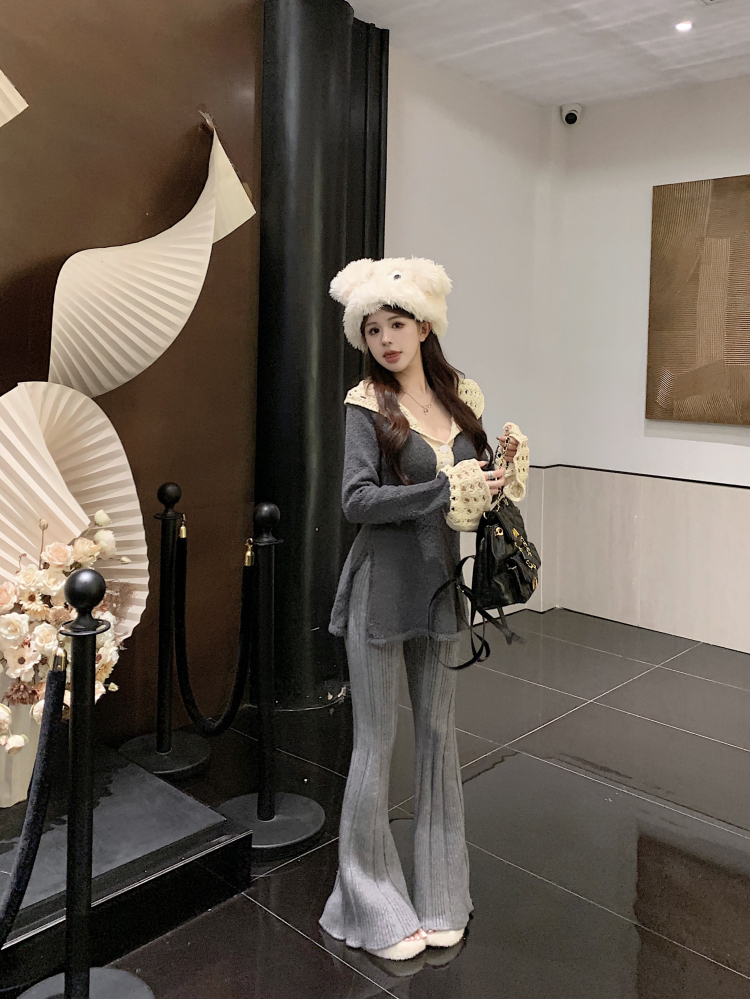 實拍撞色鈎花翻領長袖針織衫修身毛衣女秋冬休閒套裝喇叭褲子