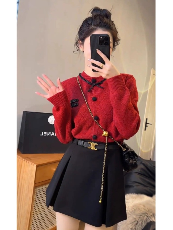 紅色休閒針織開衫毛衣外套女秋冬2023新款高級感超好看的上衣