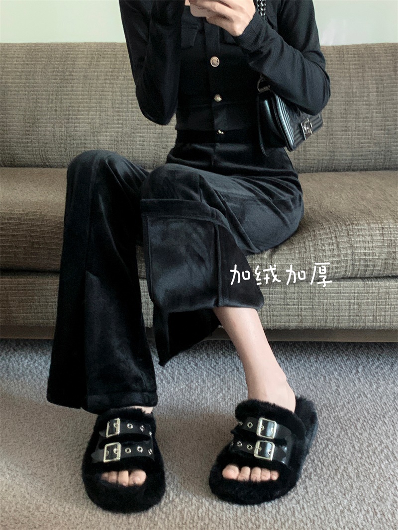 實拍  黑色加絨加厚開叉休閒顯瘦保暖闊腿褲