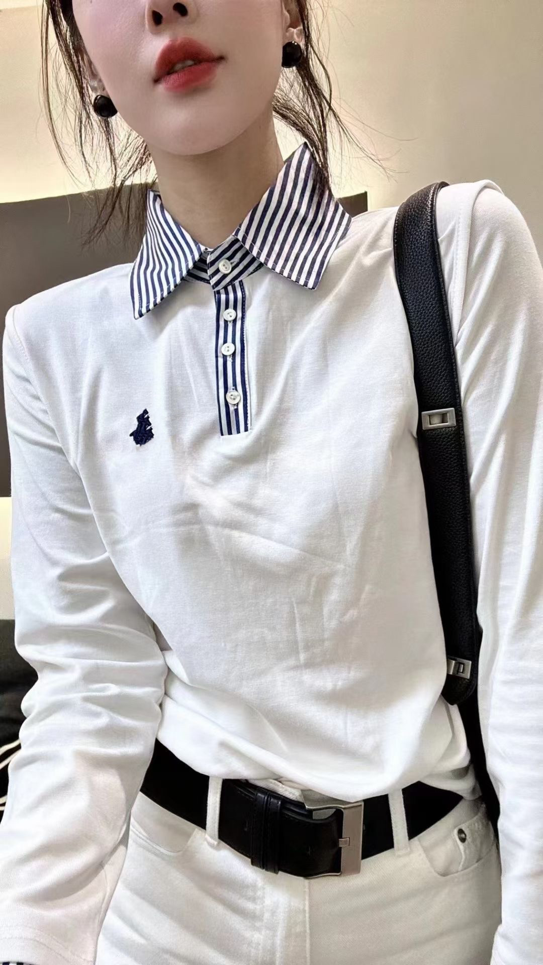 2023新款拼接襯衫領針織衫打底衫假兩件羊毛上衣套頭女