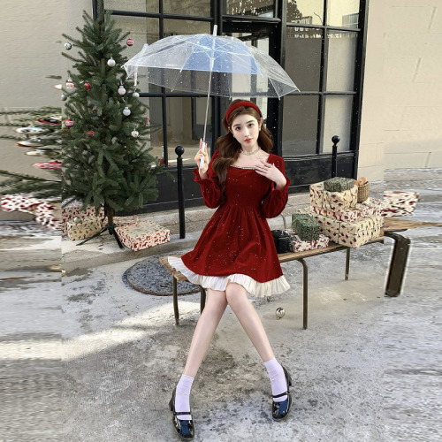 实拍圣诞裙方领双层红色连衣裙秋冬新款显瘦收腰气质短裙