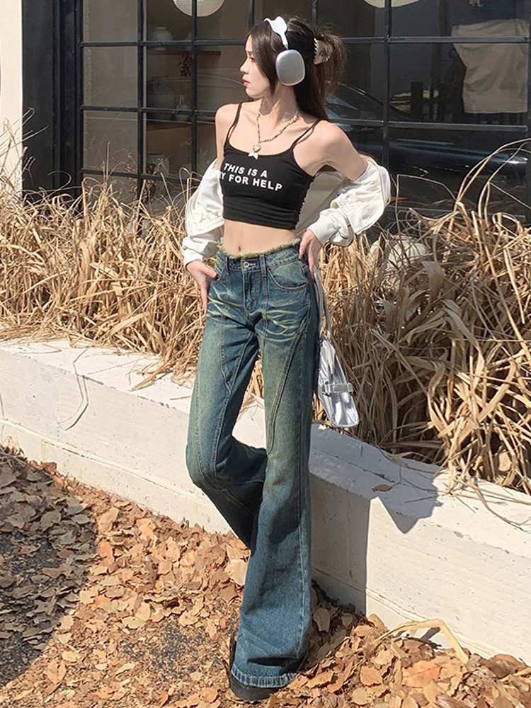 復古毛邊微喇牛仔褲女秋季修身直筒高腰顯瘦馬蹄長褲百搭拖地褲子