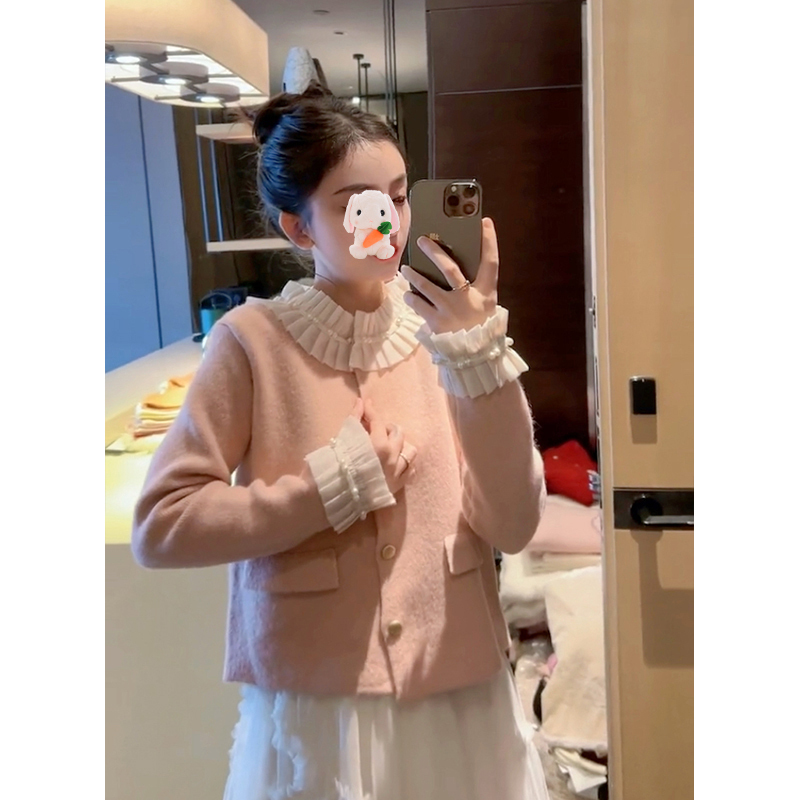 秋冬新款法式設計感溫柔甜美蕾絲拼接小香風高級感外搭毛衣外套女