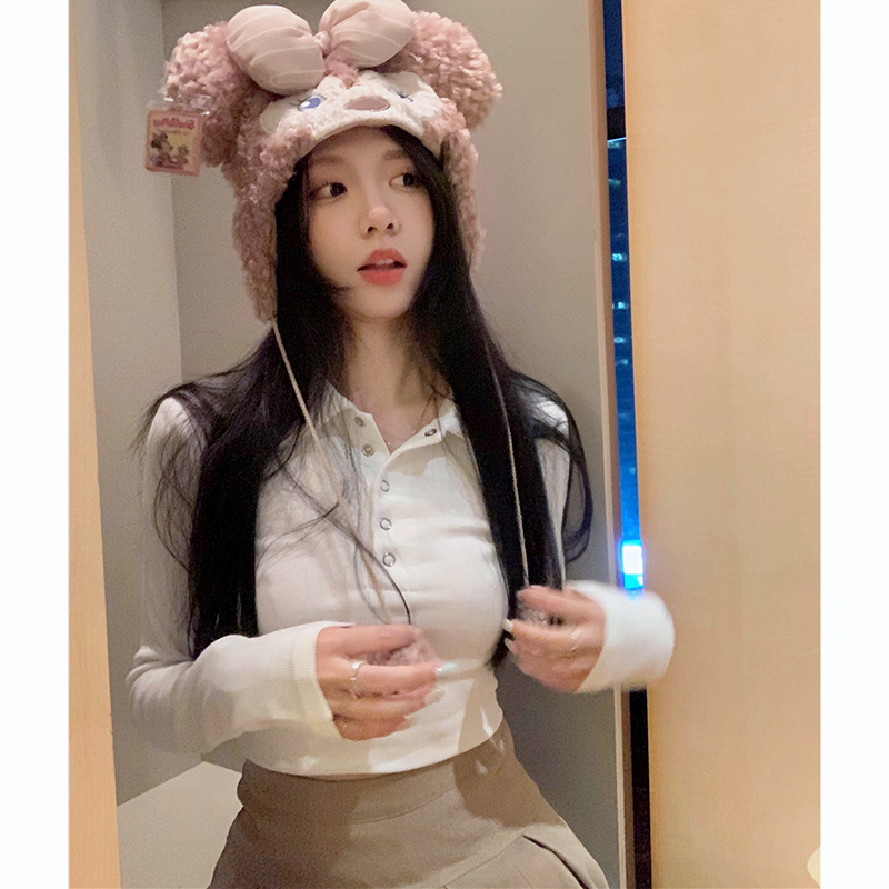 厚款  POLO領短款修身T恤女裝灰色正肩打底衫黑色緊身長袖上衣秋