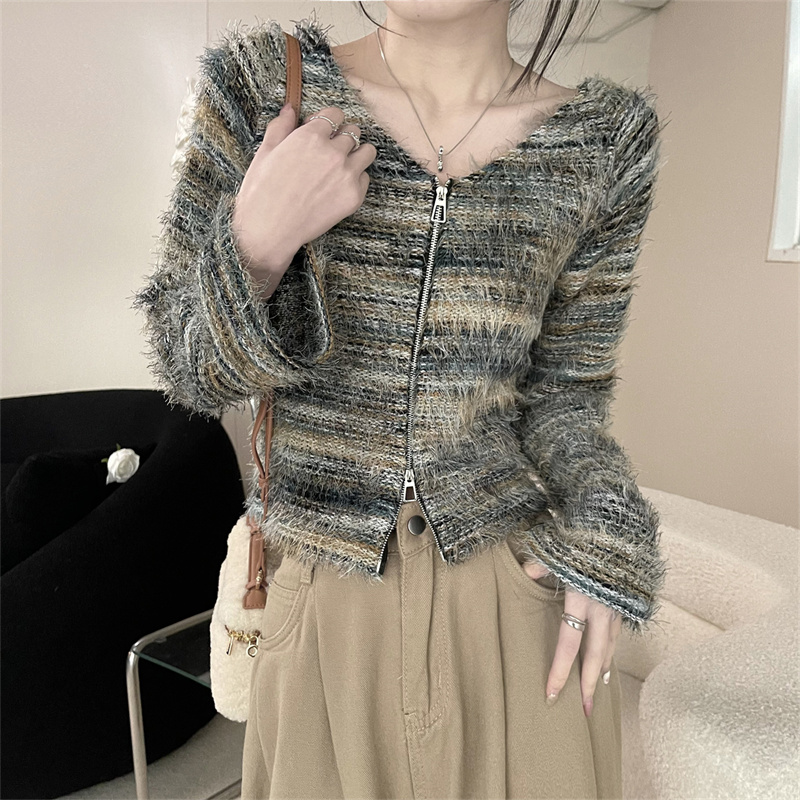 實拍韓國法式混彩色毛毛上衣女秋冬顯瘦寬鬆復古毛衣開衫