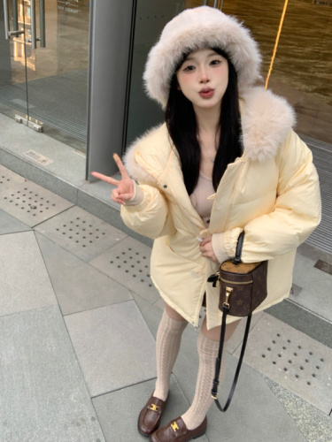 Actual shot~Milk Puff Cream Yellow Fur Collar Hooded Down Jacket Women's Winter Thickened Bread Jacket