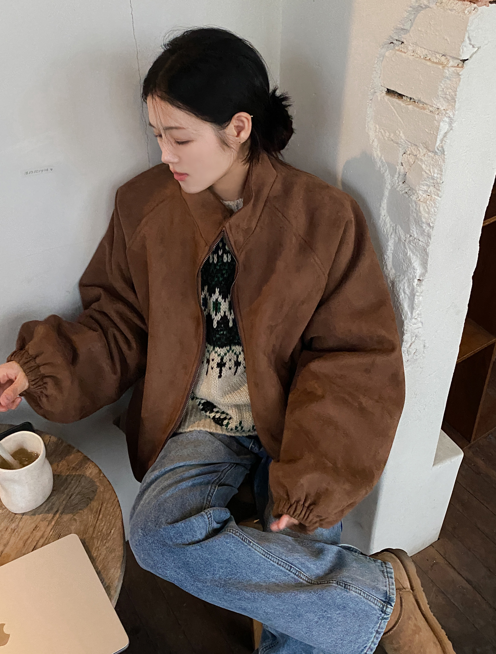 INS Korea Dongdaemun!  Early spring casual buckskin velvet stand-collar loose and versatile drawstring jacket zipper top