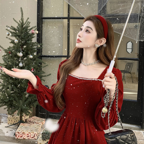 实拍圣诞裙方领双层红色连衣裙秋冬新款显瘦收腰气质短裙