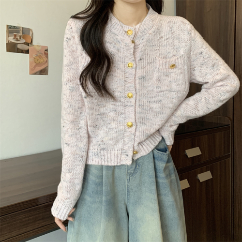 Actual shot~Korean version of Xiaoxiang style short round neck sweater, loose and versatile mixed color sweater for women