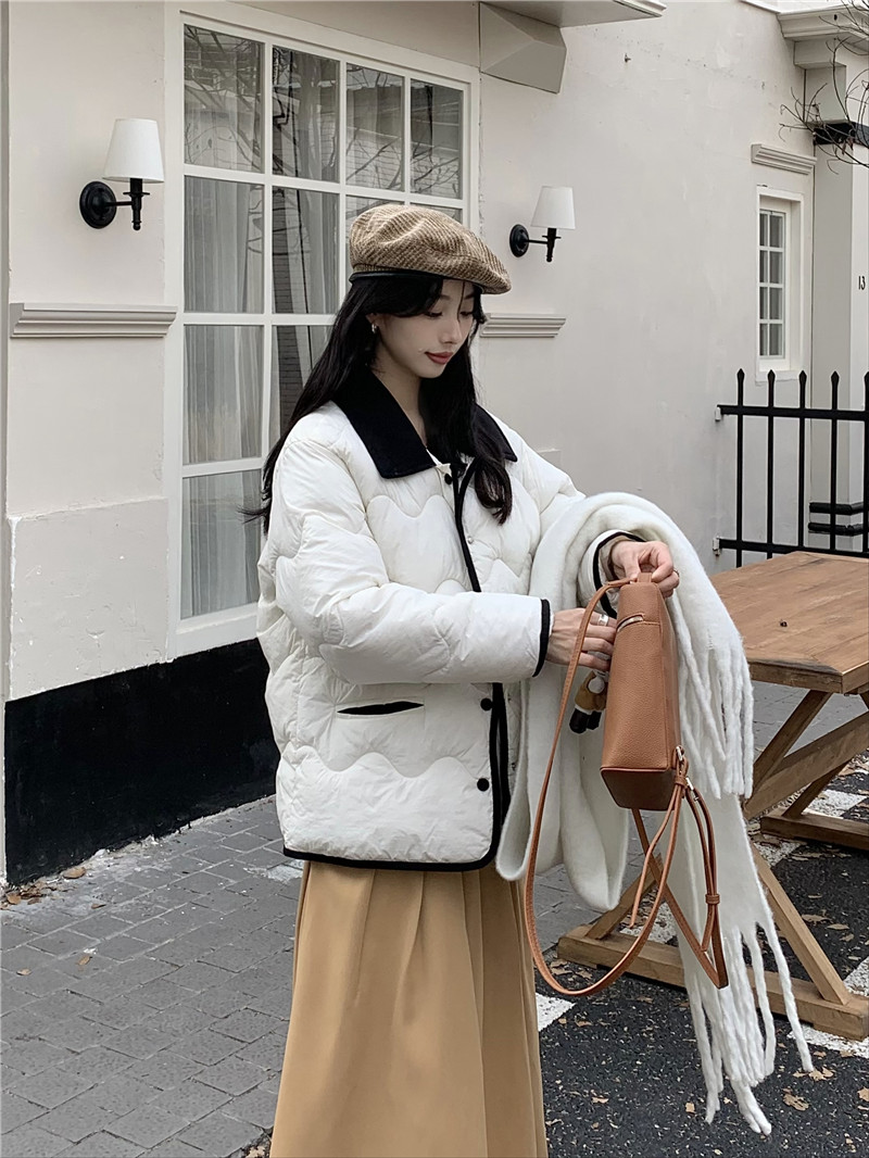 Real shot of fufu down cotton jacket for women with corduroy lapel loose warm cotton jacket for women