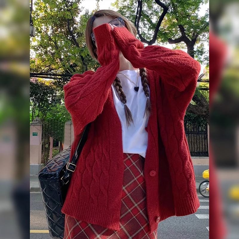 綿羊絨質量慵懶風紅色聖誕針織開衫毛衣外套女
