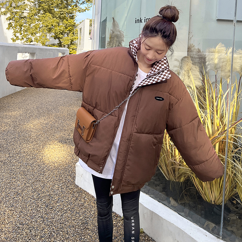 Thickened bread coat for women checkerboard stand collar cotton jacket loose warm cotton coat winter Korean style casual jacket for women