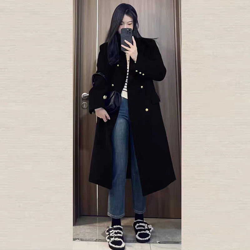 Black woolen coat women's mid-length 2023 autumn and winter new Korean style Hepburn style loose thickened woolen coat